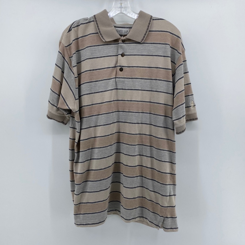 Grand Slam Munsingwear Mens XL Polo Shirt Short Sleeve Striped Tan Beige Grey